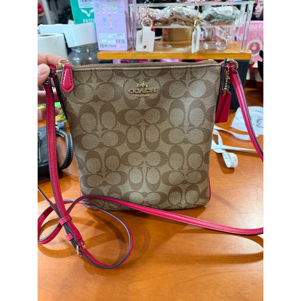 Coach Signature Crossbody Bag Khaki Pink Leather Trim F1879-F58309